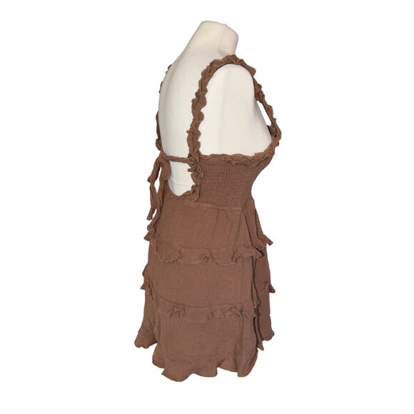 OLIVACEOUS Tiered Mini Dress Ruffled Saddle Brown Sz Medium Bohemian Western - Picture 3 of 7